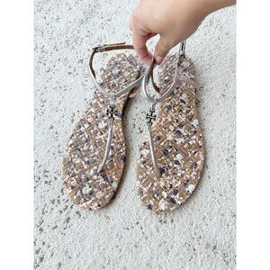 Tory Burch Marion Confetti Quilted Silver Thong Leather Sandals‎ 8.5